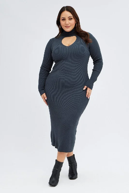 Women's Fashionable Clothing Sets Effortless Comfort Grey Knit Dress Long Sleeve High Neck Cut Out