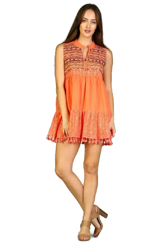 Women's Holiday Apparel Feminine Elegant Lace & Fringe Embroidered Sleeveless Dress, Coral