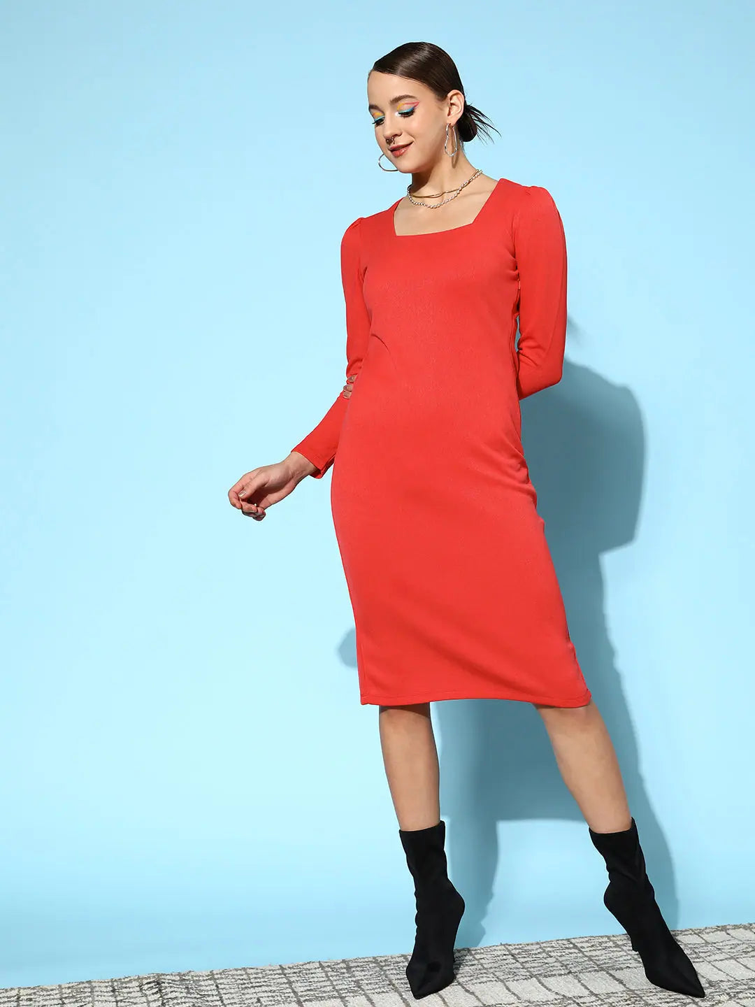 Women's Everyday Garments Nordic Minimalist Home Look Women Red Rib Square Neck Bodycon Midi Dress