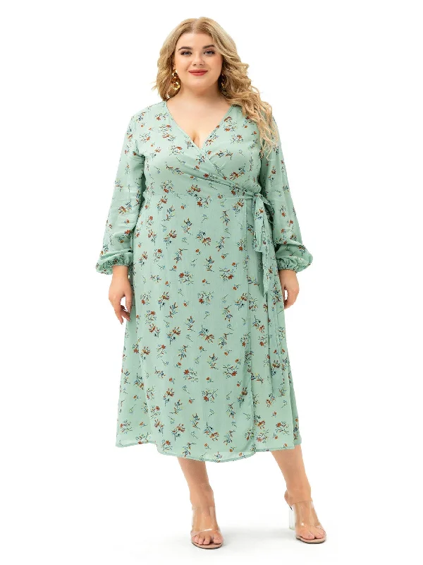 Women's Cozy Winter Attire Flowy Fabric KittenAlarm - Light Green Plus Size Long Sleeve Wrap Dress