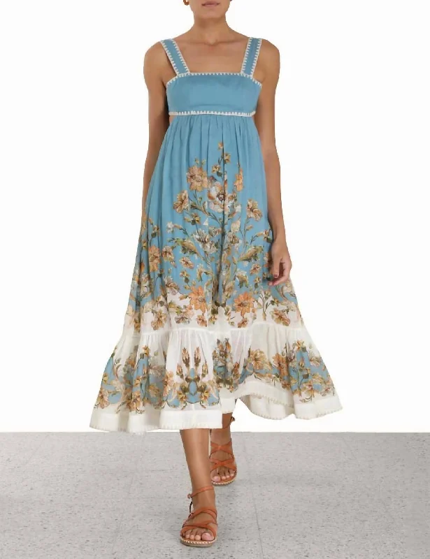 Women's Date Night Outfit Hollywood Glam Award - Show Style Chintz Tiered Midi Dress In Blue Daisy Floral