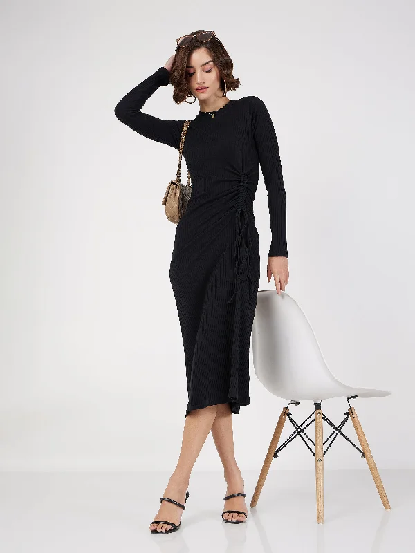 Women's Transitional Garments Effortless Sophistication Women Black Rib Side Ruched Bodycon Midi Dress