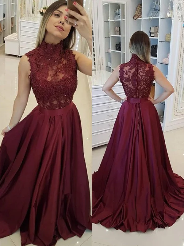 Women's Classic Outfit Feminine Flow A Line High Neck Lace Beading Burgundy Satin Long Prom Dresses, Burgundy Lace Formal Dresses, Burgundy Evening Dresses