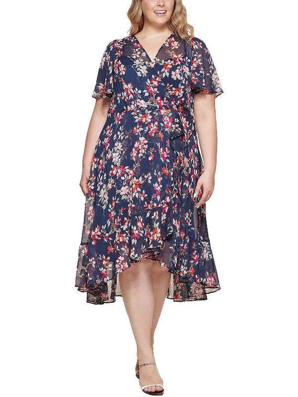 Women's Casual Outfit Playful Elegance Plus Womens Floral Midi Wrap Dress