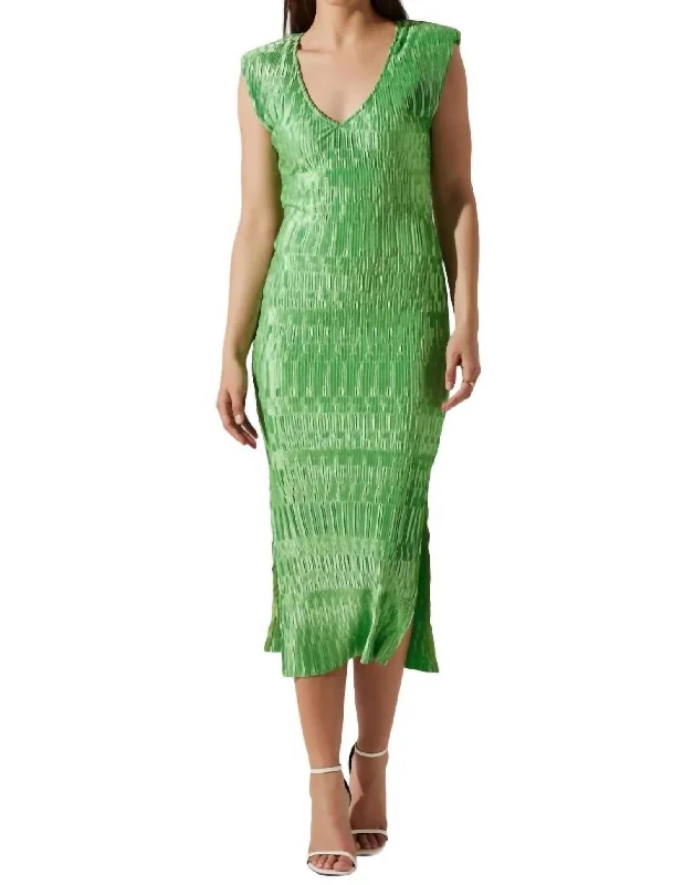 Women's Elegant Formal Outfit Elevated Style Nyah V-Neck Textured Plisse Midi Dress In Green