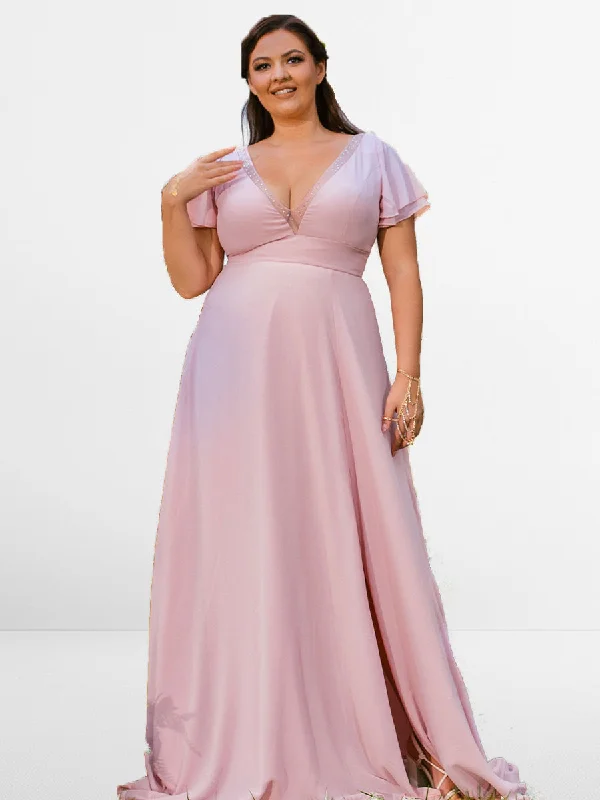 Women's Trendy Activewear Apparel Dreamy Aesthetic 2025 Plus Size Pink Bridesmaid Dresses V Neck Flutter Sleeves