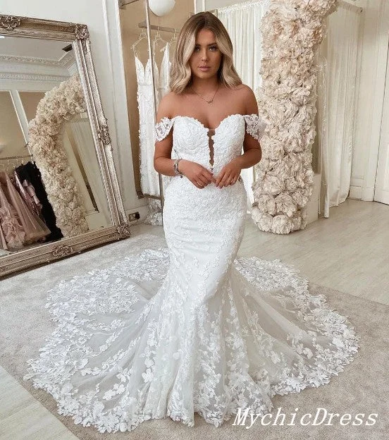 Women's Luxury Garments Lightweight Fabric Vintage Lace White Wedding Dresses Embroidery Off the Shoulder Bridal Gown