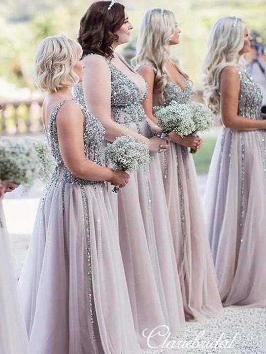 Women's High-Fashion Apparel Statement Piece V-neck Long A-line Beaded Tulle Long Bridesmaid Dresses