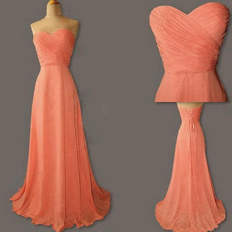 Women's Office Attire Modern Glamour Junior Young Simple Sweet Heart Chiffon Formal Coral  Long Cheap Bridesmaid Dresses, WG186