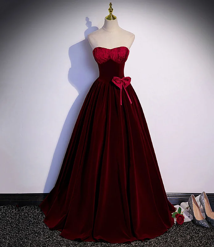 Women's Comfortable Garments Casual Elegance Burgundy velvet long prom dress A-line evening gown s86