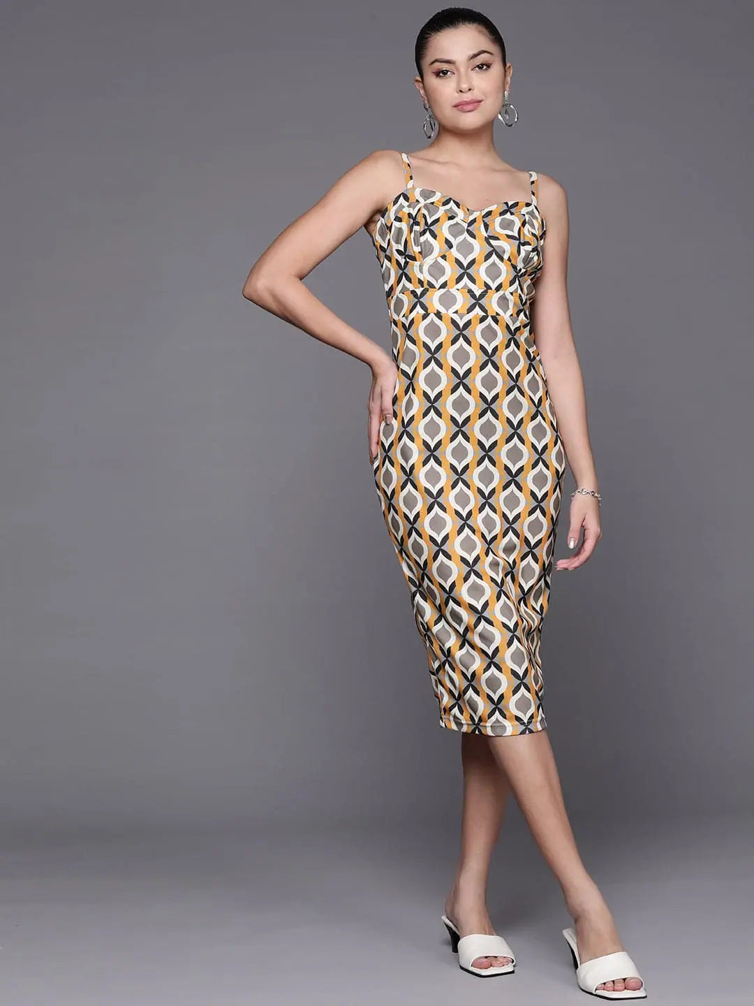 Women's High-Fashion Garments Elegant Contour Women Mustard Geometric Corset Bodycon Dress