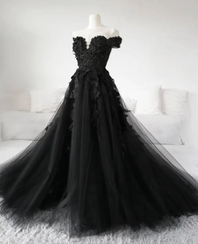 Women's Holiday Apparel Casual Chic Black Lace Wedding Dresses 2025 Off the Shoulder Pearls Tulle Formal Prom Dress