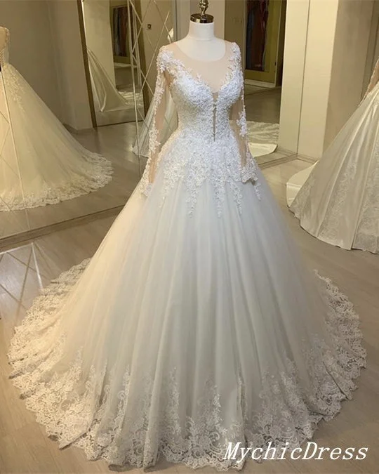 Women's Professional Garments Fashion-Forward Style Elegant Tulle Lace Long Sleeves Wedding Dresses Ball Gown Winter Bridal Dress