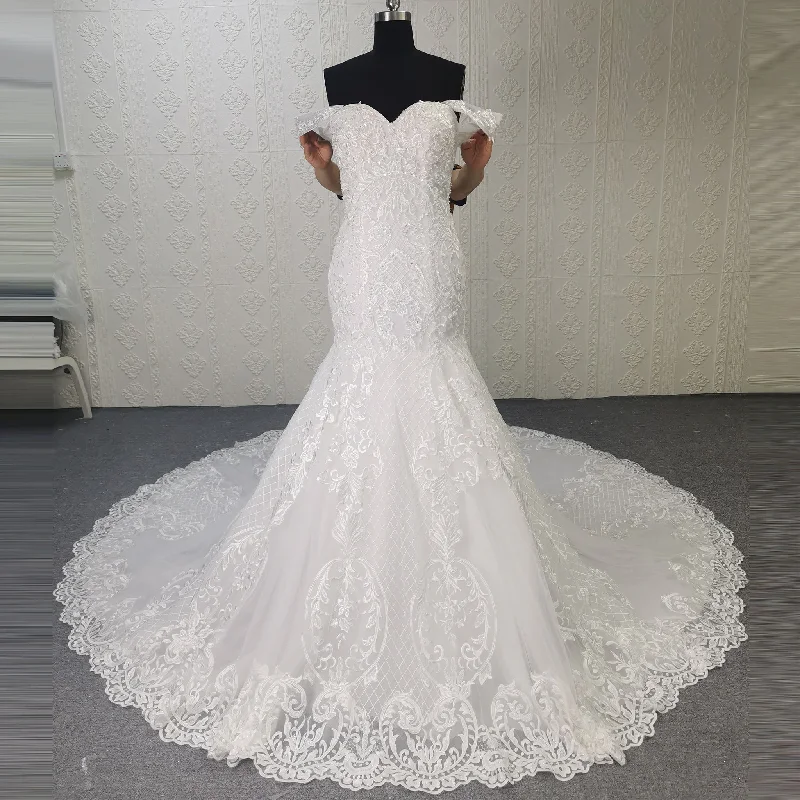 Women's Evening Garments Alluring Design Off the Shoulder Sweetheart Trumpet Lace Wedding Dress