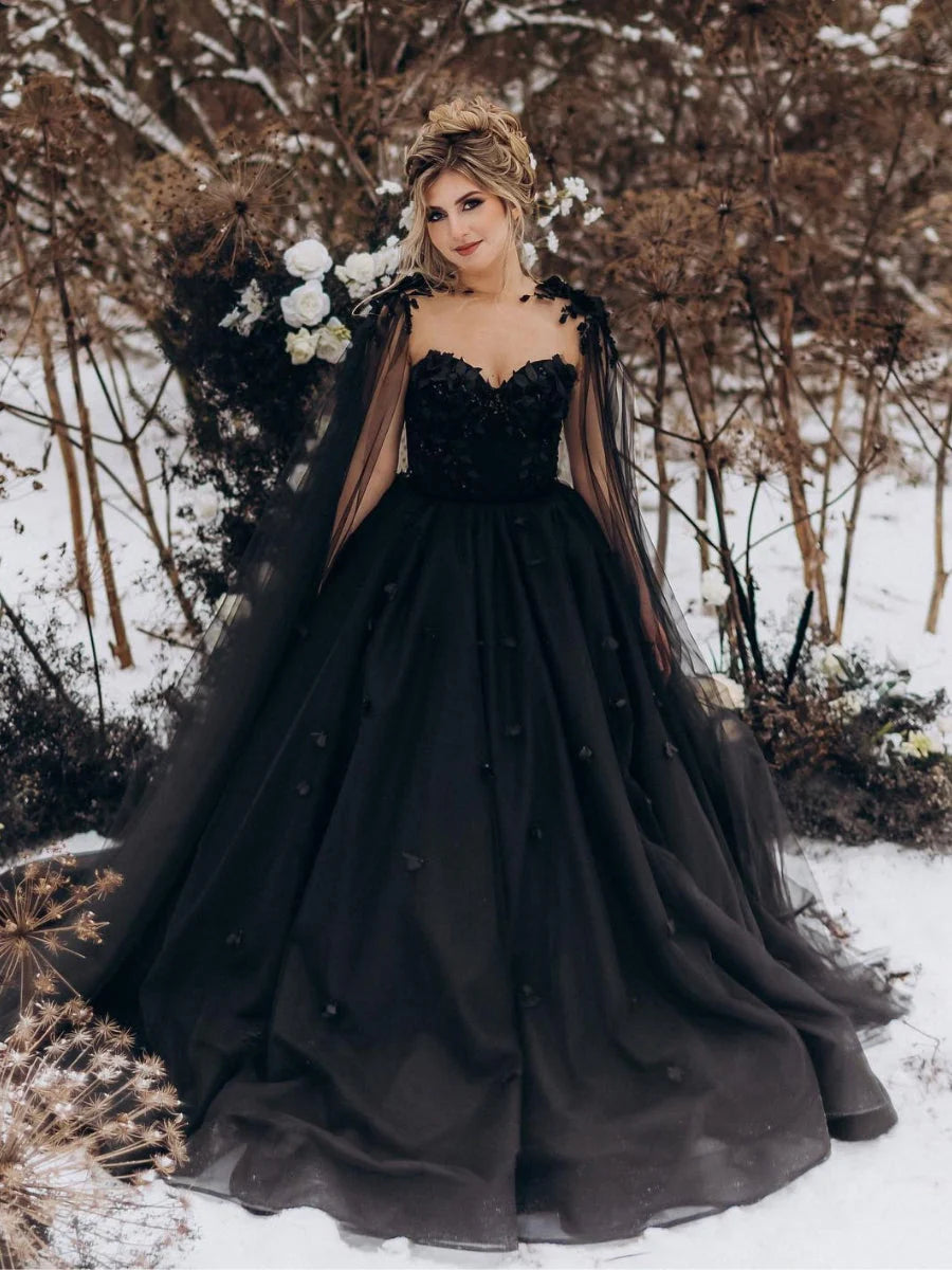 Comfortable Women's Apparel Weekend Special Princess Black Gothic Wedding Dress 3D Flowers Tulle Bridal Gown With Cape