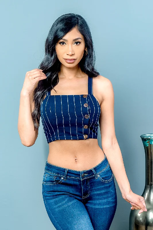 Women's Comfortable Lounge Garments Grab Romantic Date - Night Styles Now Sleeveless Pin Stripe Crop Top with Faux Button Down Decor in Navy & White* (VT14065)