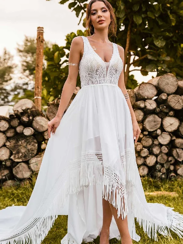 Women's Fashionable Clothing Sets Urban Sophistication Boho High low Country Wedding Dresses V-neck A line Fringe