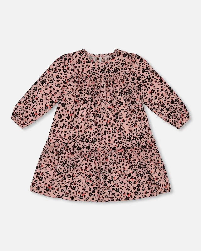 Women's Formal Event Outfit Luxe Layering Long Sleeve Dress With Frills Pink Printed Leopard Flowers