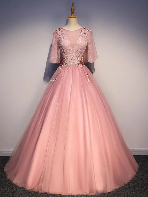 Women's Festive Attire Urban Sophistication Pink Tulle Ball Gown Round Neckline Prom Dress, Pink Formal Gown    cg19400