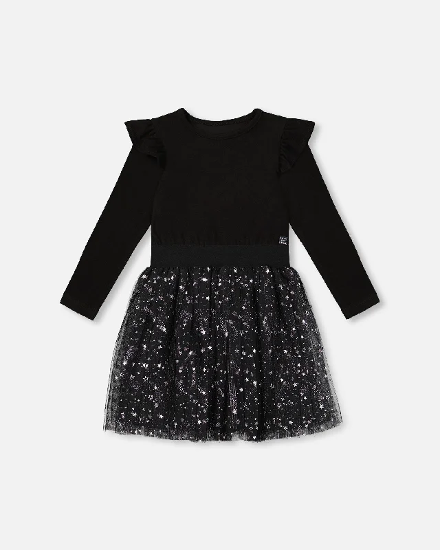 Women's Activewear Outfit Flowy Fabric Long Sleeve Dress With Glittering Tulle Skirt Black