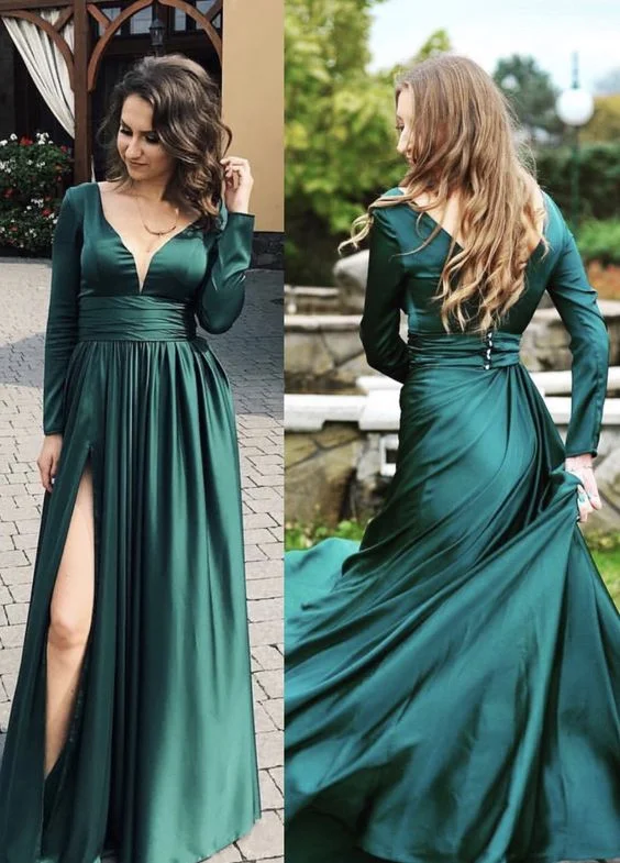 Affordable Women's Garments Romantic Detailing emerald green prom dresses long sleeves evening gown cg4286