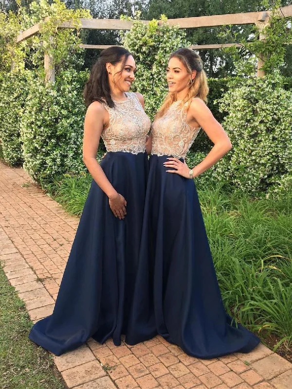 Women's Office Outfit Limited - Edition Drops Round Neck Long A-line Navy Satin Bridesmaid Dresses, Lace Beaded Bridesmaid Dresses, Prom Dresses