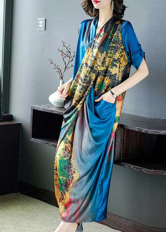 Stylish Women's Attire Luxury Style Elegant Blue V Neck Asymmetrical Design Print Satin Dresses Half Sleeve