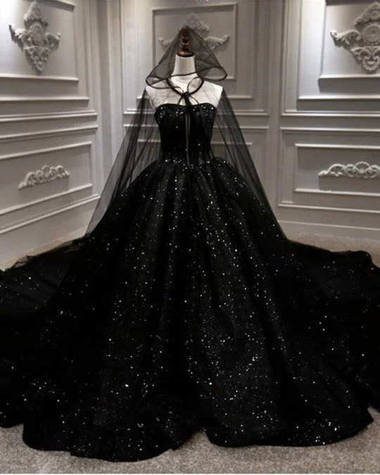 Women's Evening Attire Timeless Elegant Luxury Ball Gown Sequin Black Wedding Dresses Gothic With Cape Veil