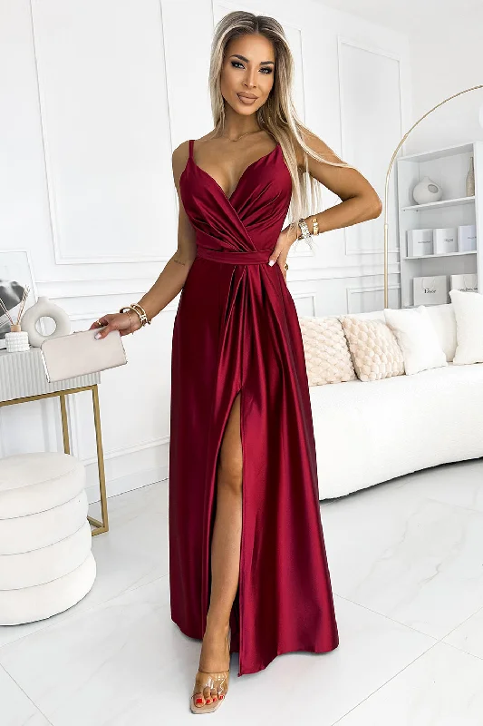 Casual Outfit For Women Alluring Design JULIET elegant long satin dress with a neckline and leg slit - Burgundy color