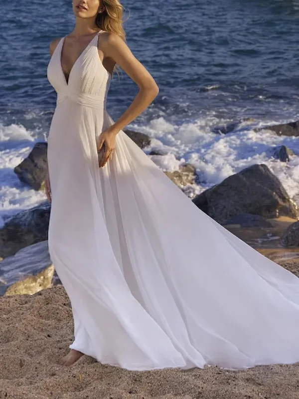 Women's Vintage-Inspired Clothing Effortless Comfort Casual Simple Flowy Beach Wedding Dresses Deep V Sleeveless