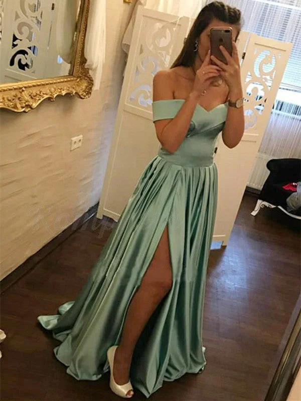 Women's Outdoor Attire Vintage Look A Line Off Shoulder Satin Turquoise Long Prom Dresses with Slit, Turquoise Formal Dresses, Evening Dresses