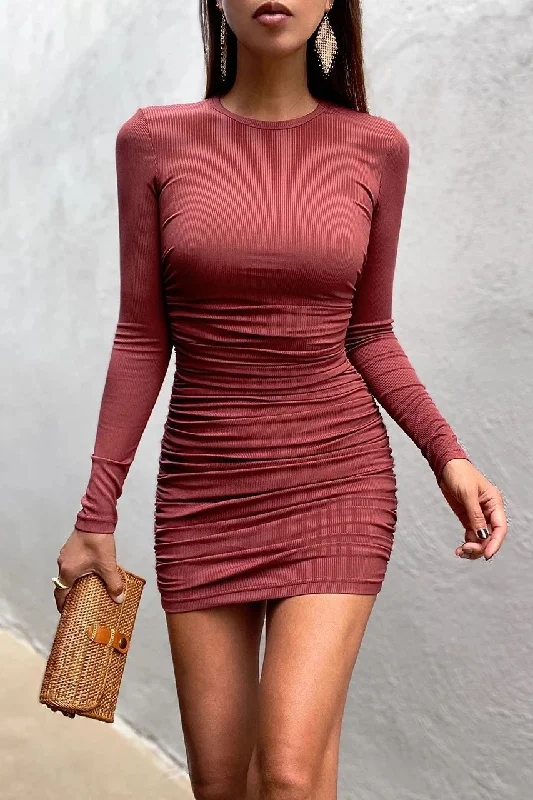 Women's High-Fashion Garments Chic Urban Fashion Look Yasmine Long Sleeve Ruched Knit Dress - Wine