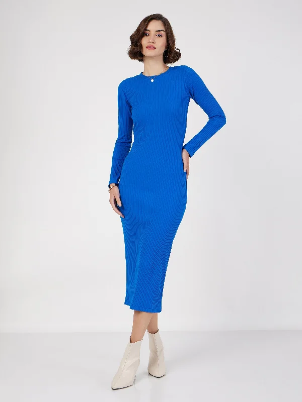 Charming Women's Garments Fashion-Forward Style Women Royal Blue Rib Bodycon Midi Dress