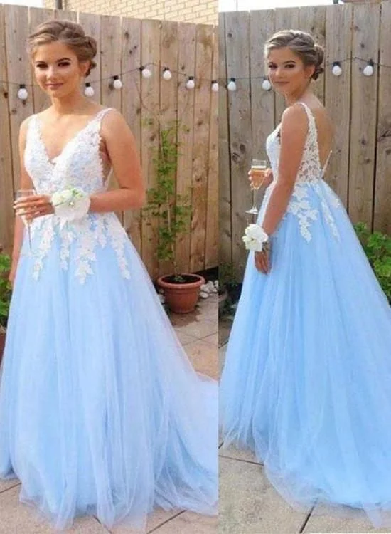 Casual Chic Clothing For Women Flowy Fabric Charming Light Blue V-neckline Tulle Prom Dress with Applique, Lovely Formal Gown    cg19763