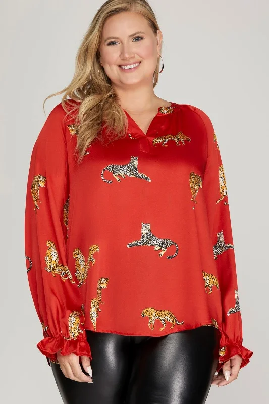 Women's Tailored Outfit Today Only RED SATIN JAGUAR PRINT LONG SLEEVES PLUS SIZE WOVEN TOP S10PSY5748