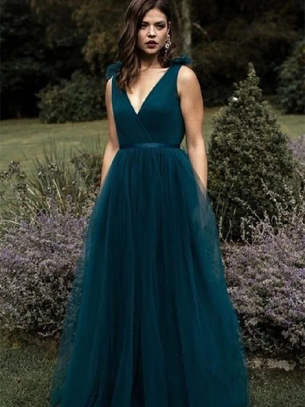 Chic Clothes For Women Everyday Glamour V-neck Long A-line Teal Tulle Prom Dresses, Long Bridesmaid Dresses, Newest Popular Bridesmaid Dresses