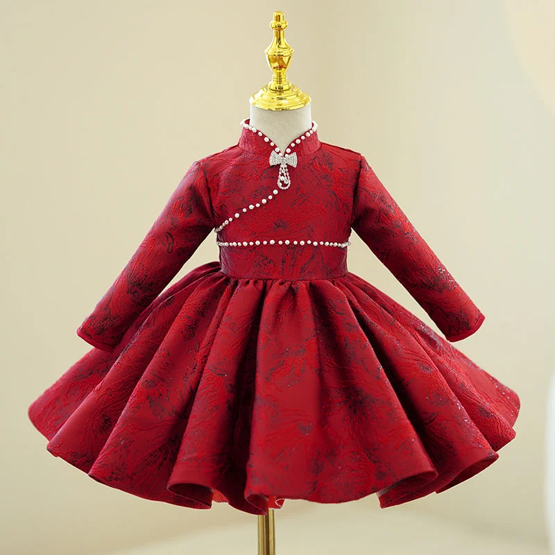 Women's Formal Event Attire Sleek Design Girl Christmas Dress Toddler Prom Dress Little Girl Stand Collar Long Sleeve Printed Beaded Birthday Party  Dress