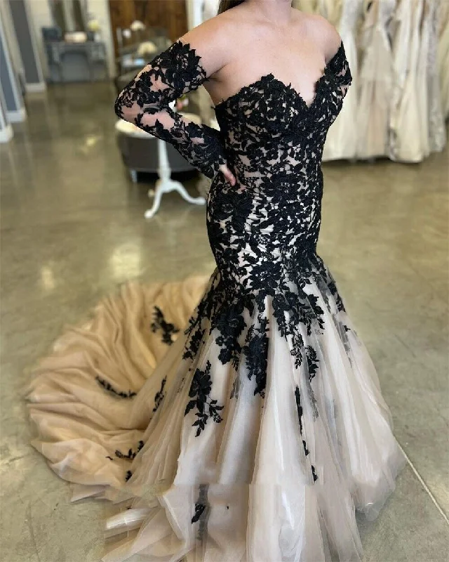 Women's Formal Apparel Today Only Mermaid Black Champagne Wedding Dresses Lace Strapless Sweep Train