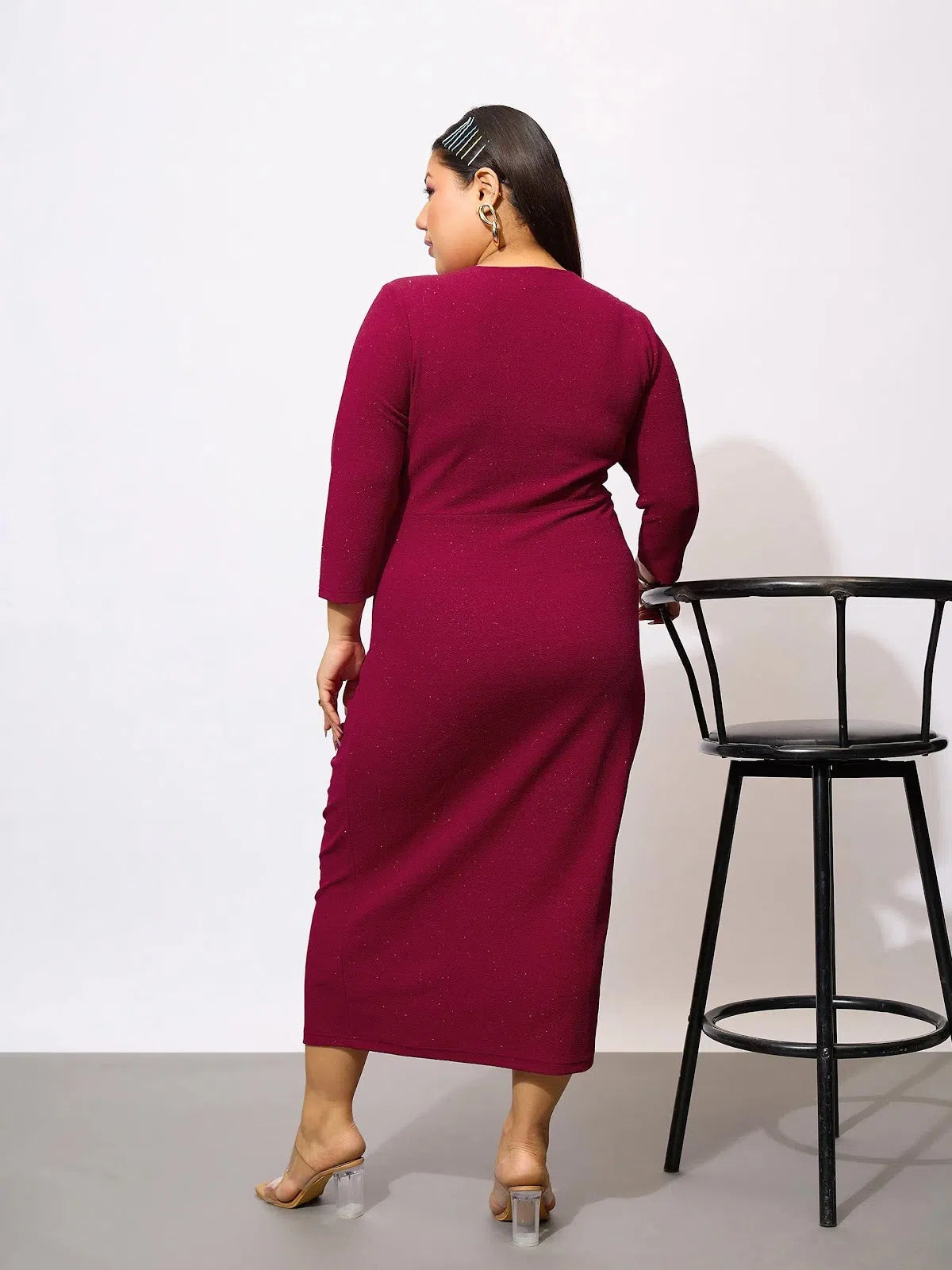 Women's Comfortable Clothes For Weekends Minimalist Office - Ready Style Women Maroon Glitter Front Ruched Bodycon Dress