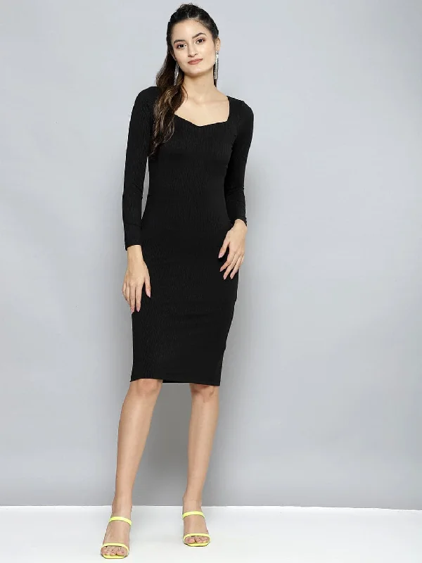 Women's Everyday Apparel Modern Glamour Women Charcoal Rib Sweetheart Neck BodyCon Midi Dress