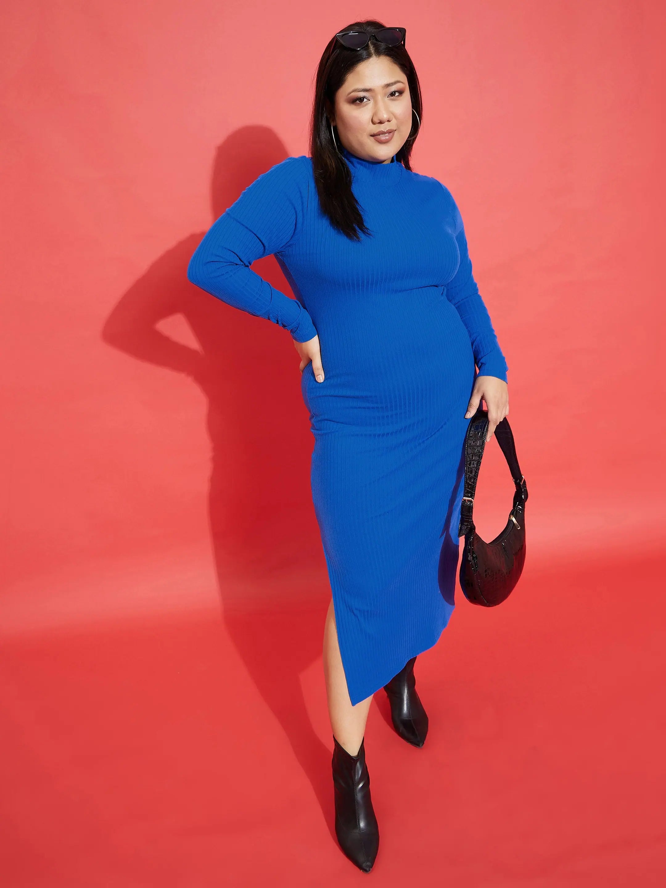 Elegant Women's Attire Formal Outfit Women Royal Blue Rib Side Slit Bodycon Midi Dress