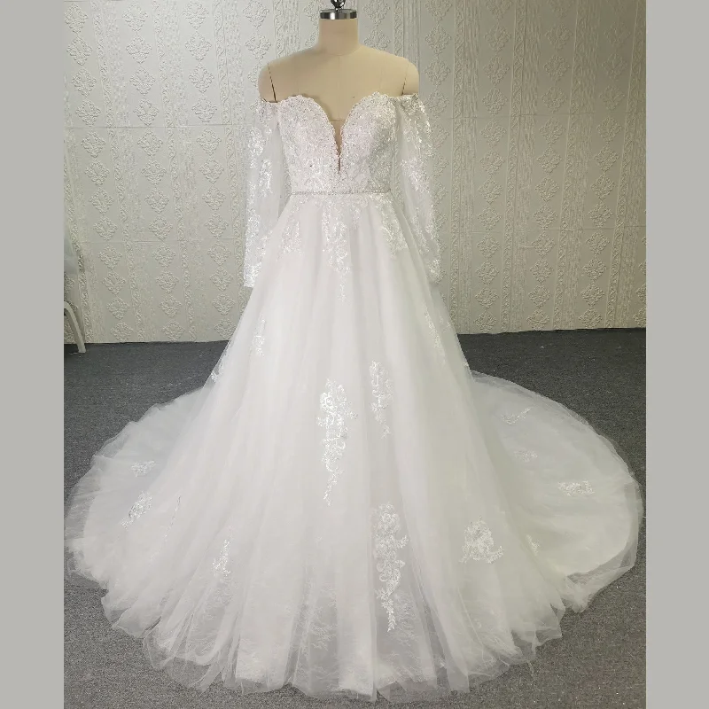 Modern Women's Attire Dreamy Aesthetic Classic Off Shoulder Long Sleeve A-line Tulle Wedding Dresses