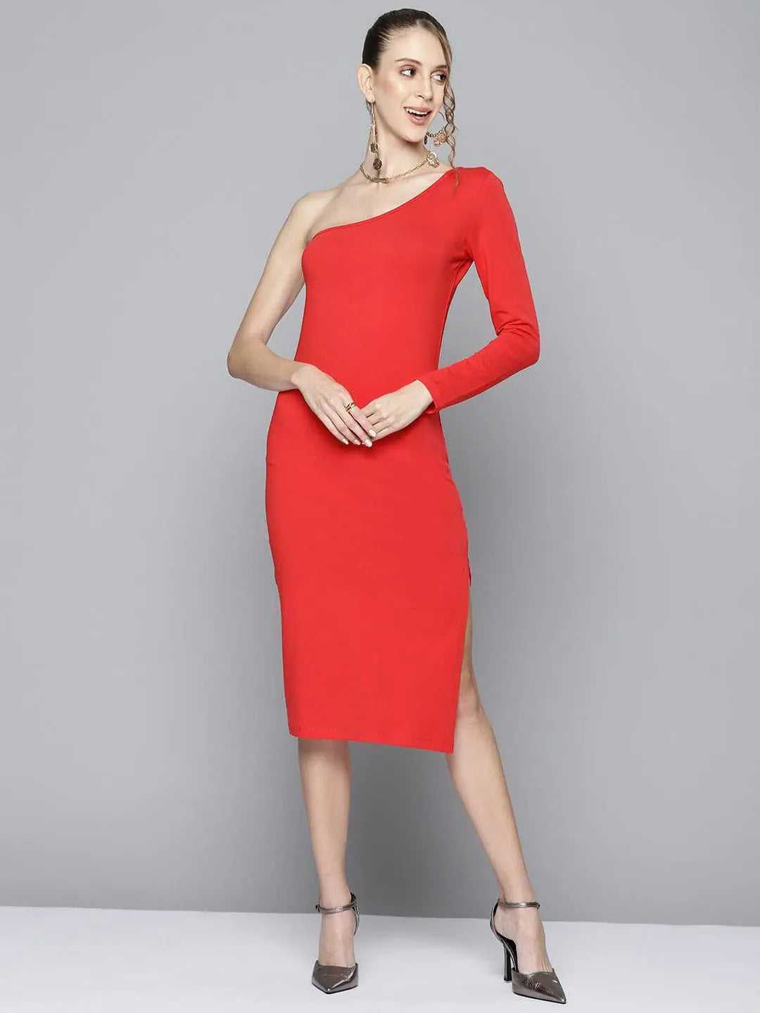 Women's High-Fashion Attire Urban Sophistication Women Red One Shoulder Bodycon Dress