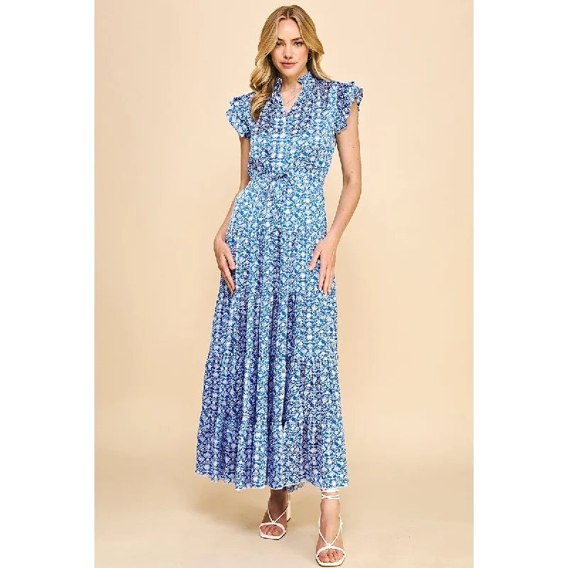 Women's Clothing For Outdoor Events Effortless Comfort Clarissa Print Satin Tiered Maxi PINCH Dress