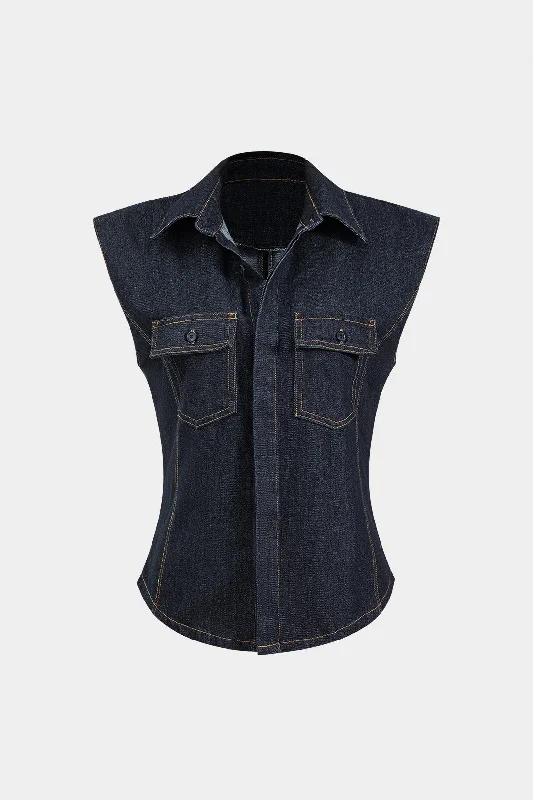 Women's Fashionable Clothing Sets Feminine Charm Denim Button Pocket Sleeveless Vest