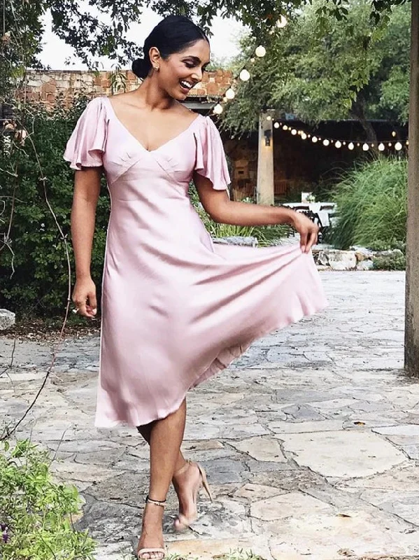 Women's Formal Event Attire Effortless Grace V-neck Elastic Satin Short Bridesmaid Dresses, Short Sleeves Bridesmaid Dresses, Popular Bridesmaid Dresses