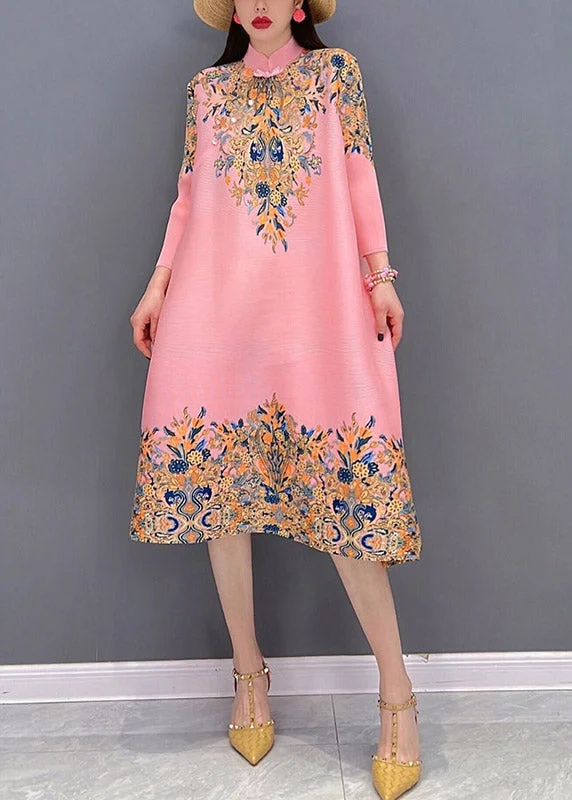 Casual Attire For Women Feminine Allure Boutique Pink Stand Collar Embroideried Print Satin Dresses Long Sleeve