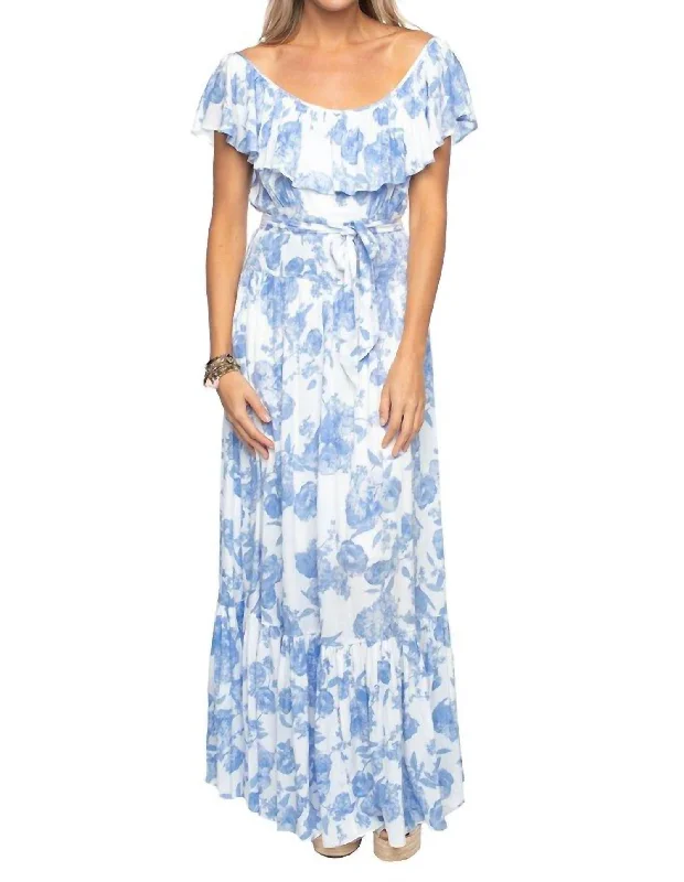 Women's Evening Outfit Chic Allure Heather Tea Party Off Shoulder Dress in Blue Floral Print