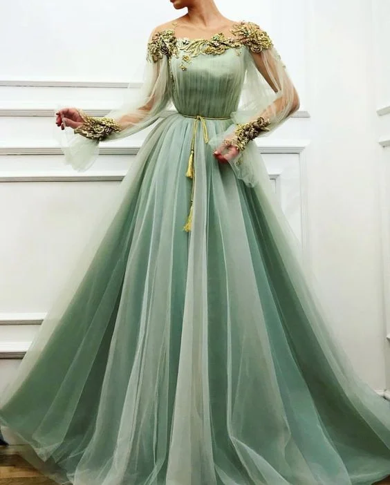 Formal Clothing For Women Mid - Season Sale Charming Mint Green A-Line Tulle Prom Evening Dresses,Long Sleeves Princess Gown   cg18752