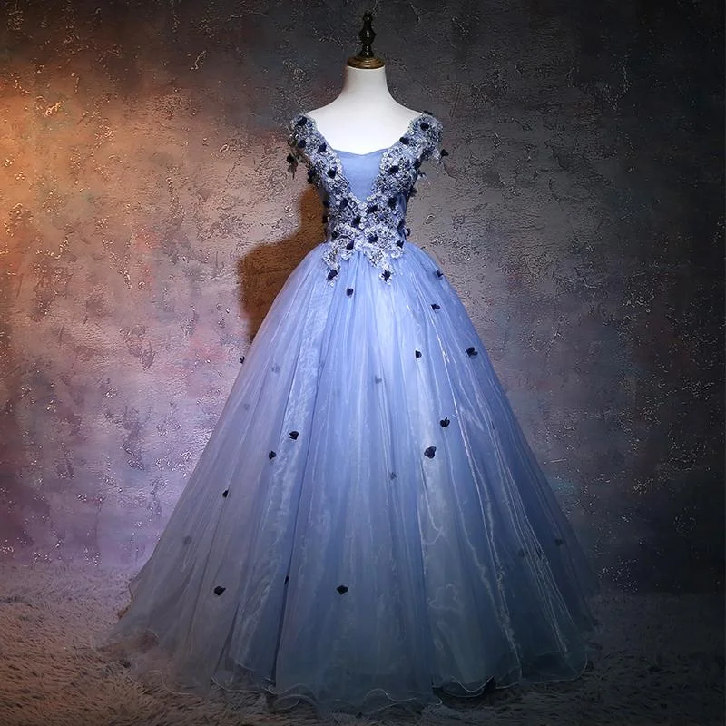 Women's Plus-Size Outfit Graceful Movement Charming Blue Ball Gown Lace Long Formal prom Dress, Blue Tulle Sweet 16 Dress With Flowers    cg19613